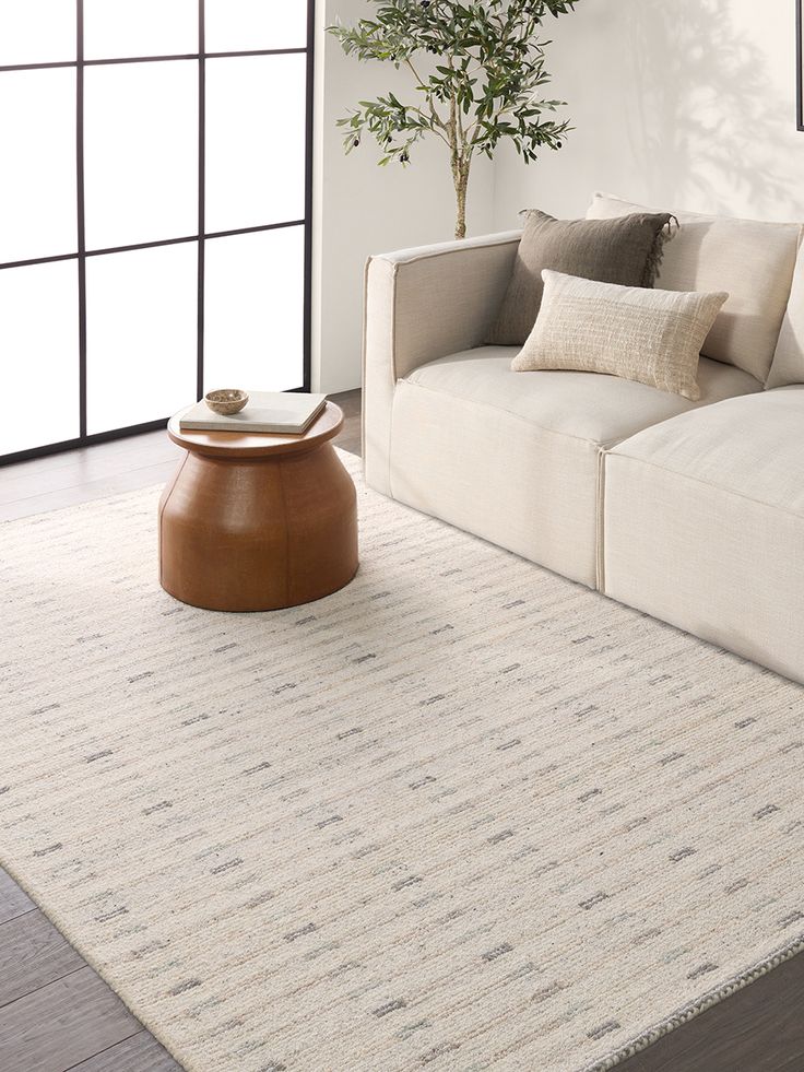 a living room with a couch, coffee table and potted plant