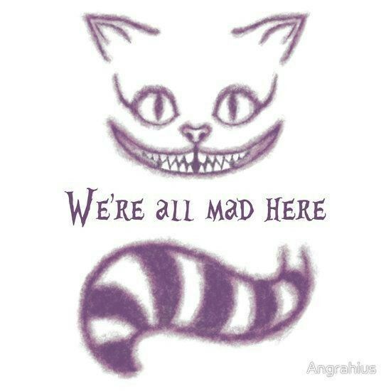 an image of a cat with fangs on it's face and the words, we're all mad here