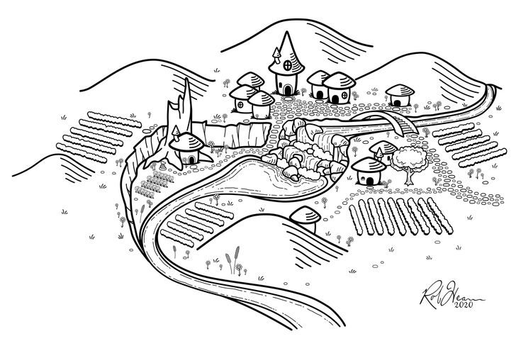 a black and white drawing of a castle