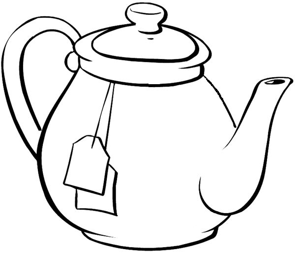 a black and white drawing of a teapot with tags hanging from it's handle