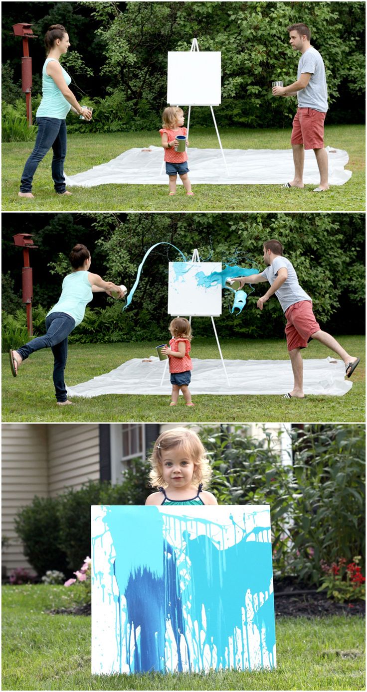 three photos of children playing with an easel in the grass and one is holding a kite