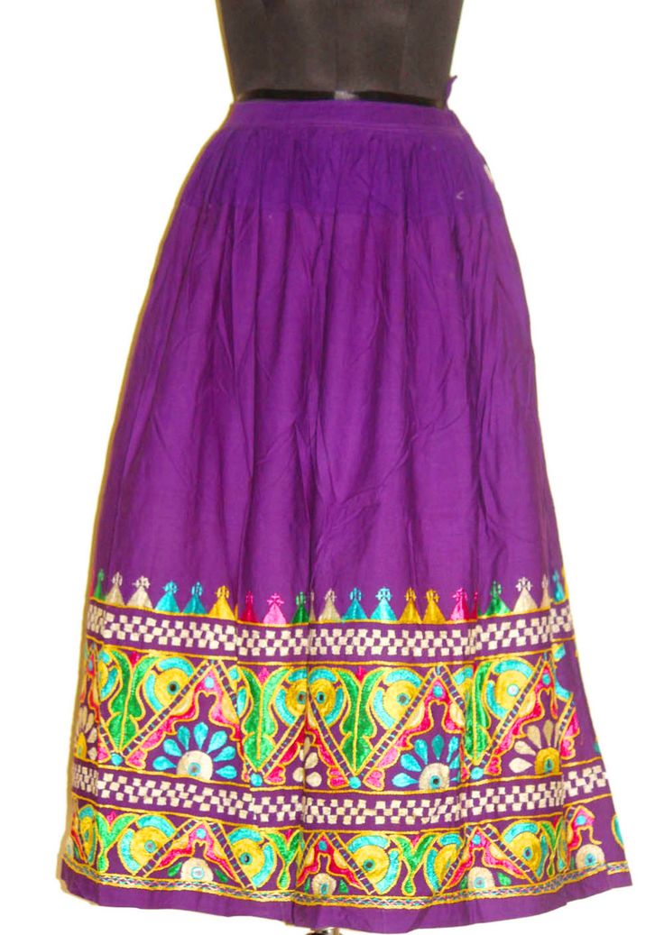 "Item Description This Indian Gujarati Gypsy Tribal kutch Embroidery Banjara Skirt has intricate & heavy hand embroidery. Exclusively handcrafted in its country of origin, India,Gujarat by the people of rural India. RABARI HAND EMBROIDERED SKIRT(CHANIYA) has both sided (front & back) embroidery work. Vintage condition - Original sketch or print mark will show in some places. Some of the material on the have frayed or worn. This is an old Skirt and made by 1960's tribal people. Some of the mirror Embroidered Lehenga For Navratri With Long Skirt, Bohemian Lehenga With Floral Embroidery And Traditional Drape, Traditional Embroidered Long Lehenga, Navratri Long Skirt With Resham Embroidery, Embroidered Purple Traditional Wear For Navratri, Traditional Long Skirt With Resham Embroidery For Festivals, Bollywood Style Embroidered Long Skirt, Bollywood Long Skirt With Resham Embroidery, Bollywood Style Long Embroidered Skirt