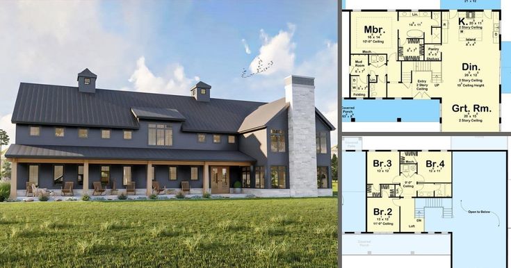 this is an image of the front and back floor plans for a large farmhouse style home