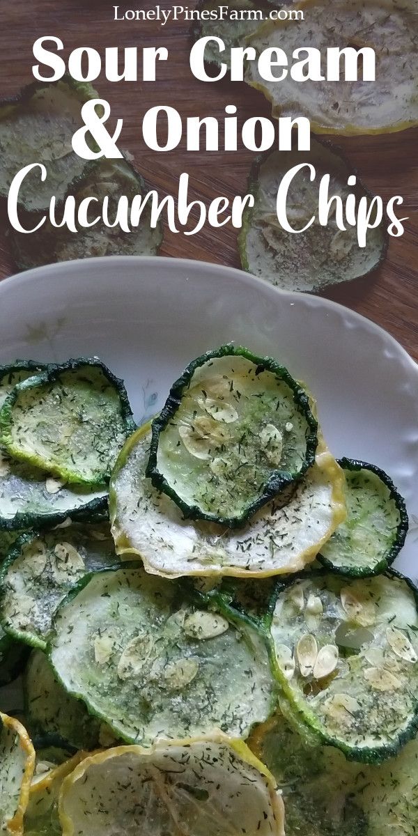 cucumber chips on a white plate with text overlay