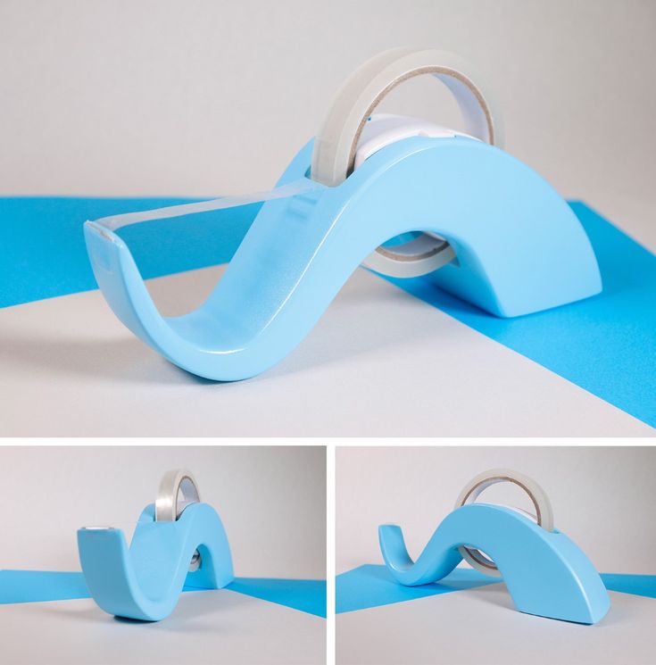 three pictures of a blue plastic object with white tape on the top and bottom part