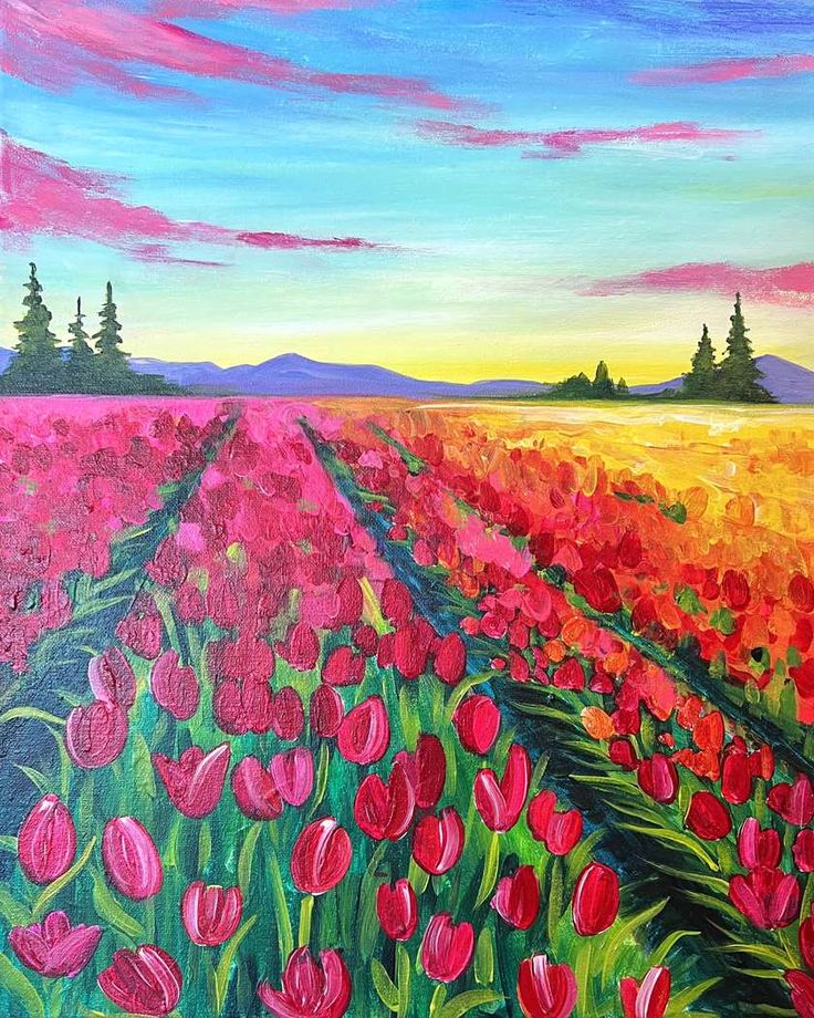 a painting of red tulips in a field at sunset