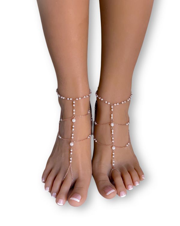 Malina Rose Gold Barefoot Sandals Elegant Adjustable Gold Barefoot Sandals, Summer Party Jewelry In Rose Gold, Summer Party Rose Gold Jewelry, Rose Gold Anklets For Party, Dainty Rose Gold Summer Jewelry, Elegant Adjustable Pink Anklets, Elegant Pink Adjustable Anklets, Rose Gold Beads, Necklace Holder