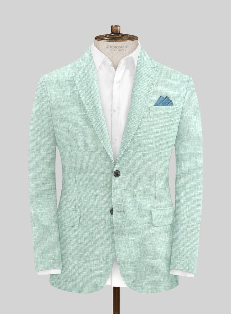 Mint adds a refreshing touch to any outfit, and our Italian Linen Mint Green Jacket allows you to incorporate this color from head to toe for a cool and stylish look. Crafted from pure, lightweight, soft, and breathable linen, this striking jacket boasts a solid texture and a pastel mint green hue that will make you stand out on any occasion, from a summer wedding to a horse racing event. 
 
 Look Includes  Italian Linen Mint Green Fabric  Two Button Jacket Style  Notch Lapel  Horn Royal Black B Modern Linen Blazer For Spring, Casual Fitted Linen Blazer, Fitted Linen Casual Blazer, Fitted Linen Outerwear, Fitted Linen Blazer For Spring, Casual Single Breasted Linen Sport Coat, Casual Linen Single Breasted Sport Coat, Modern Tailored Summer Outerwear, Fitted Casual Linen Sport Coat