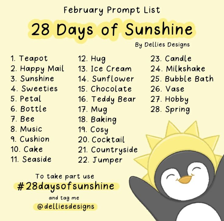 the 28 days of sunshine list is shown with an image of a penguin holding a sunflower