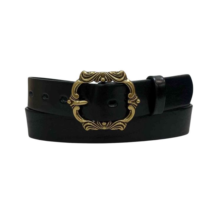 Jenna Belt in Black Jenna Belt in Black is a classic accessory, crafted from a black leather and featuring a unique gold detailed belt buckle. Perfect for any outfit, this belt is sure to add a touch of sophistication to your wardrobe. Chic Formal Belt With Brass Buckle, Chic Leather Belt Buckles With Antique Buckle, Chic Formal Belts With Brass Buckle, Chic Leather Belt Buckle With Antique Design, Elegant Antique Buckle Belt For Formal Events, Chic Formal Antique Belt Buckle, Chic Adjustable Belts With Antique Buckle, Chic Adjustable Belt Buckles For Formal Wear, Elegant Antique Buckle Belt For Formal Occasions