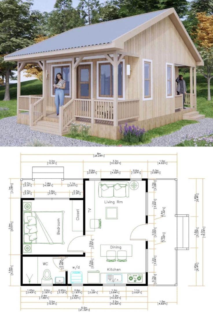 a small cabin is shown with the floor plan and measurements to be used for it