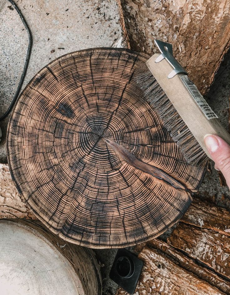 a person is holding a large knife over a tree stump that has been cut in half