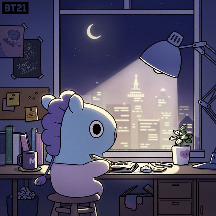 a cartoon character sitting at a desk in front of a window