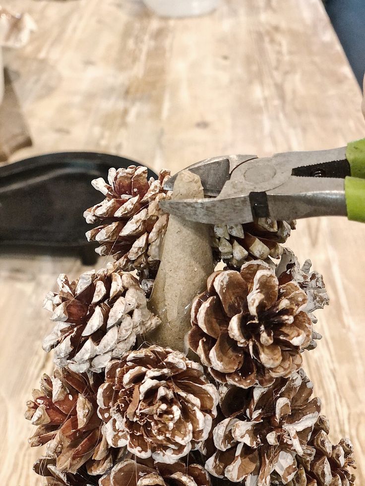 pine cones are being used to make christmas decorations