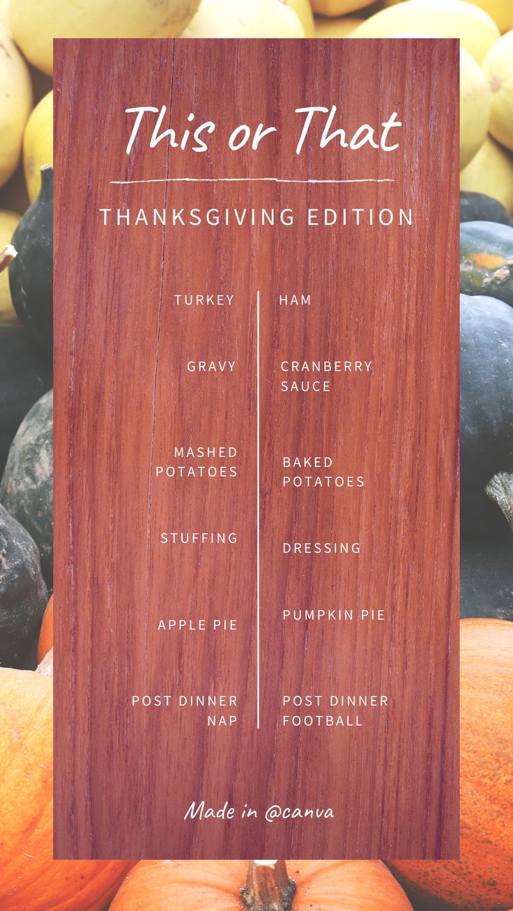 this or that thanksgiving menu with pumpkins and gourds in the back ground