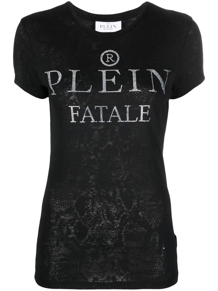 logo-embellished cotton T-shirt from PHILIPP PLEIN featuring black, cotton, jersey knit, crystal embellishment, logo embellishment, round neck, short sleeves and straight hem. Embellished Shirt, City Dress, Latest T Shirt, Philipp Plein, Crystal Embellishment, Jersey Shirt, Leather Patches, Fancy Dresses, Favorite Shirts