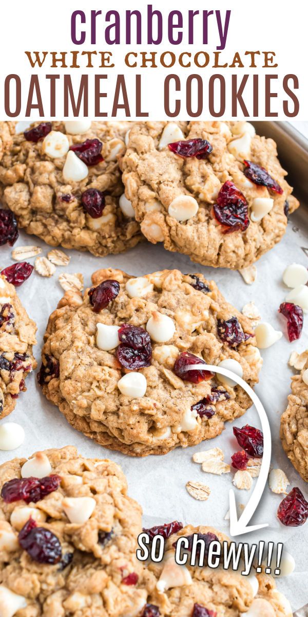 cranberry white chocolate oatmeal cookies on a baking sheet with text overlay