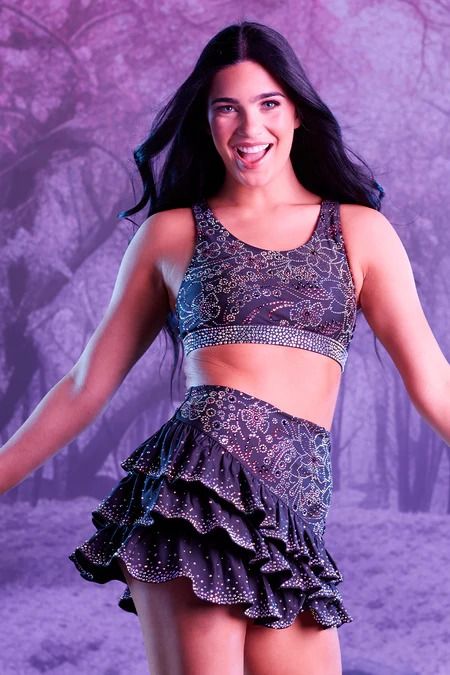 Asymmetrical Crystal Couture Skirt in Black Blossom - Special Order – Rebel Athletic Crystal Couture, Black Blossom, Couture Top, Couture Skirts, Tour Outfits, Retro Bags, Cheer Girl, Dallas Cowboys Cheerleaders, Cheer Dance