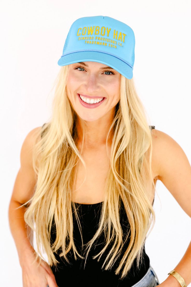 Sarcasm rules with this cute foam trucker hat! The Cowboy Hat for everyone. Featuring a 5 panel construction and curved brim, donning the words "Cowboy Hat," so you can participate in the trend without straying too far from your style. Adjustable fit Snapback Trendy Blue 5-panel Baseball Cap, Fun Trucker Hat With Curved Brim, Fun Trucker Hat, One Size Fits Most, Fun Trucker Hat One Size Fits Most, Blue Fun Style Snapback Hat, Fun 5-panel Hat, One Size Fits Most, Fun Blue Trucker Hat, Fun 5-panel Hat, Fun Blue Snapback Baseball Cap