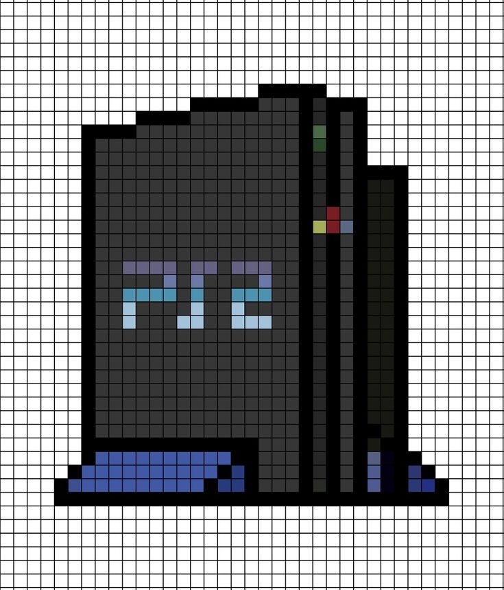 A pixel art template of the standard PlayStation 2 console. Standing vertically with its specially made blue stand. Playstation Perler Beads, Playstation Pixel Art, Console Pixel Art, Controller Pixel Art, Pixelart Character, Video Game Pixel Art, Ps2 Console, Minecraft Templates, Minecraft Banner Designs