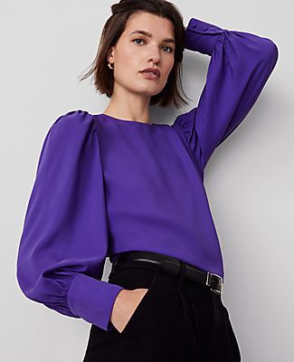 Elevate your everyday with this softly shirred blouse. Crew neck. Long sleeves with shirred sleeve caps and button cuffs.,Imported:Imported,Fit:Slim: Tailored and perfect for layering.,Length:23" long,Fabrication:100% Polyester,Garment Care:Machine Washable Shirred Cuff Blouse by Ann Taylor Size regular - 2XL Liberty Purple Women's Crew, Neck, Long, Sleeve, Blouse, Tops, 100%, Polyester, Machine, Washable Office Puff Sleeve Top With Pleated Sleeves, Fitted Long Sleeve Blouse With Smocked Cuffs, Relaxed Fit Blouse With Cuffed Sleeves For Fall, Solid Color Long Sleeve Blouse With Elastic Sleeves, Spring Workwear Puff Sleeve Top With Cuffed Sleeves, Fitted Blouse With Elastic Sleeves For Work, Chic Fall Tops With Cuffed Sleeves, Office Tops With Gathered Bishop Sleeves, Trendy Long-sleeve Blouse With Cuffed Sleeves