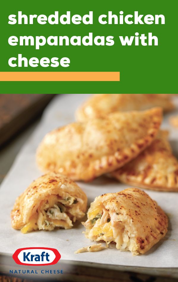 chicken empanadas with cheese are shown on a sheet of parchment paper and the title reads shredded chicken empanadas with cheese