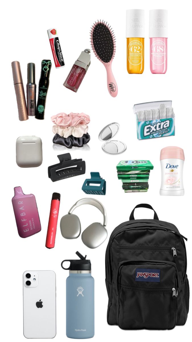 the contents of a backpack are shown in this image, including hairdryer, toothbrushes, and other personal care items