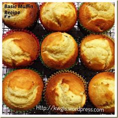 several muffins on a cooling rack with the words basic muffin recipe above them