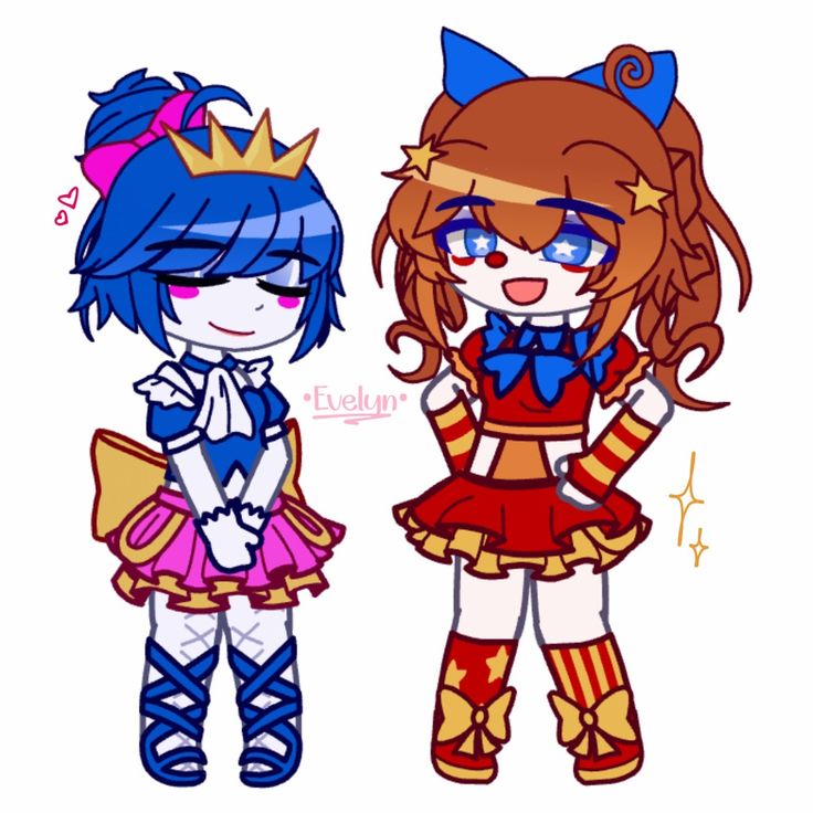 two cartoon characters, one with blue hair and the other wearing red dress and gold crown