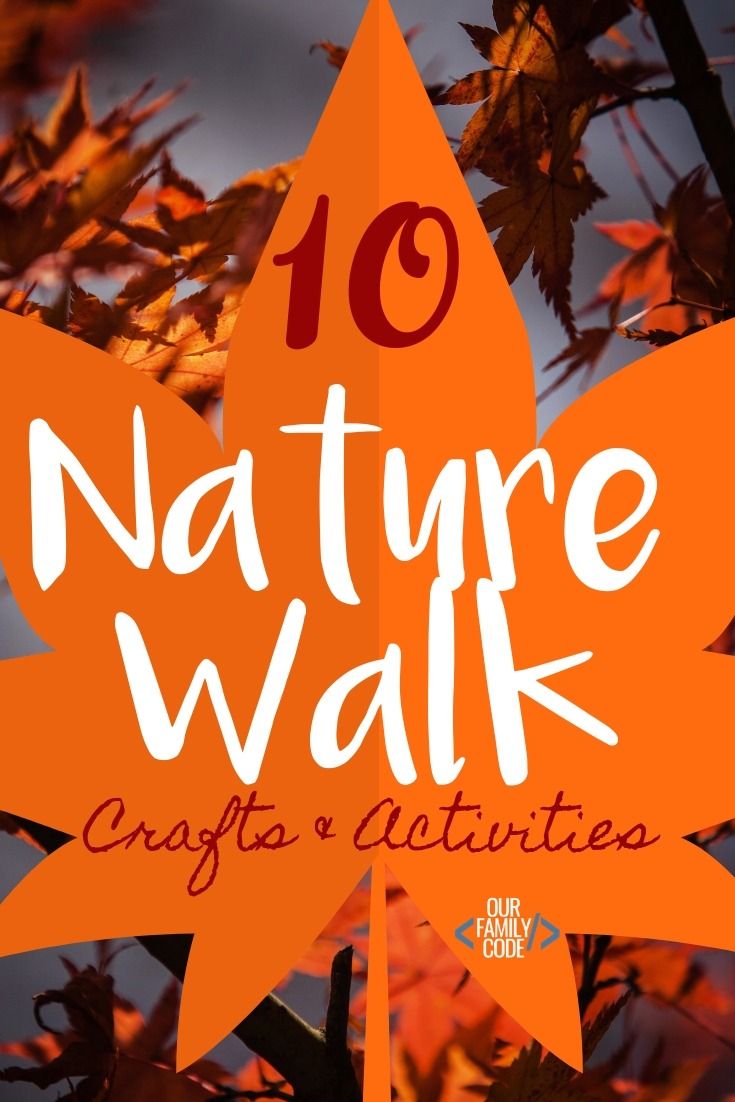 an orange leaf with the words nature walk on it in front of some autumn leaves