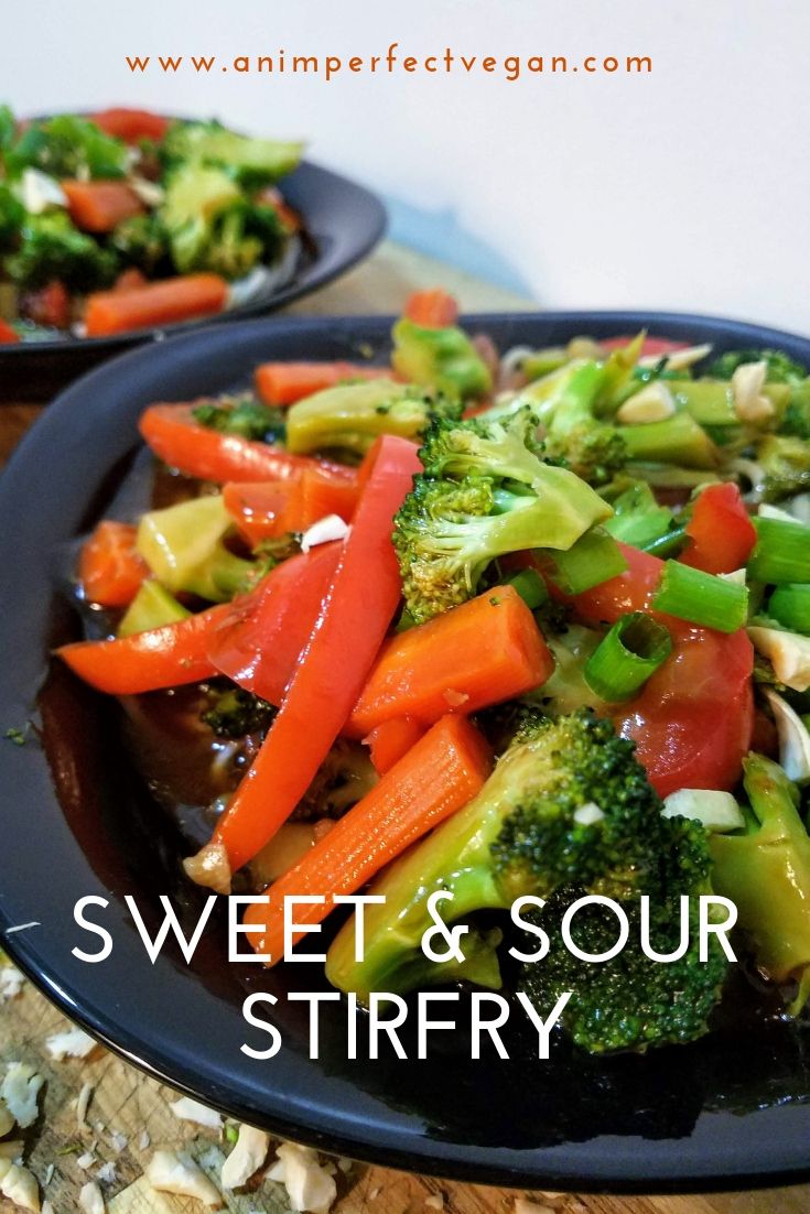 two black plates with vegetables on them and the words sweet & sour stirfry