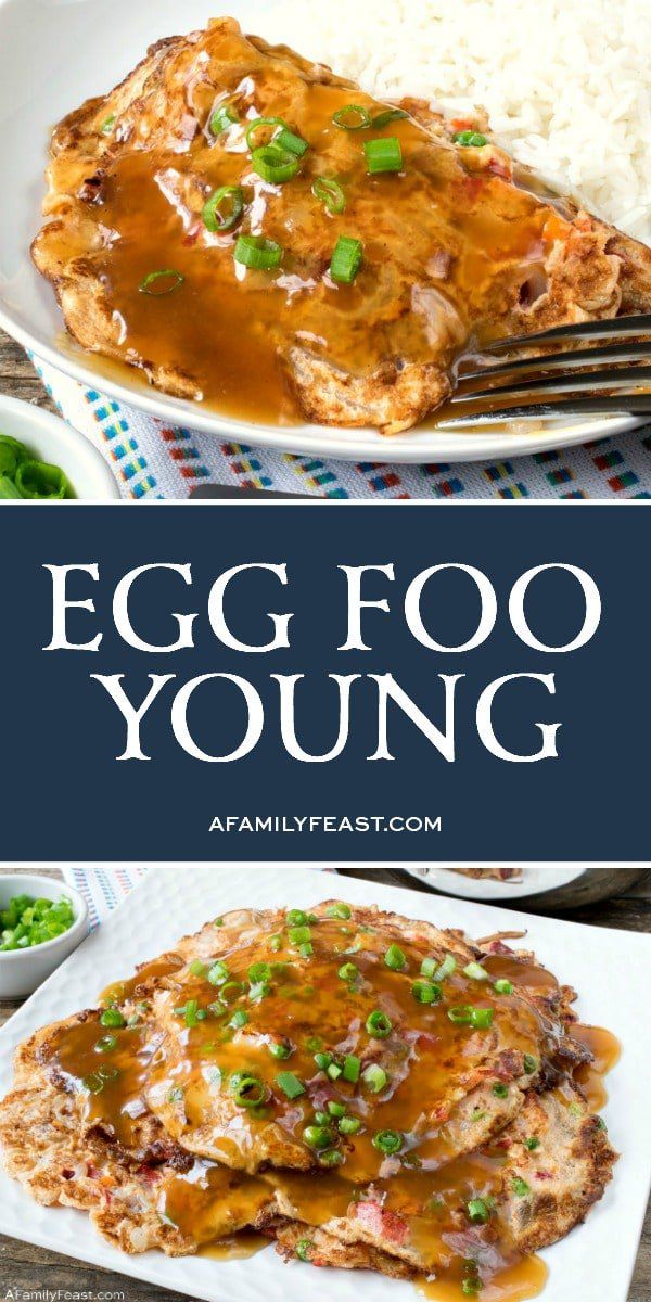 an egg foo young meal with rice and sauce on the side is shown in this collage