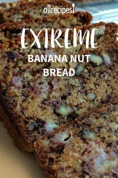 some type of banana nut bread on a plate with the words, allrecipes extreme