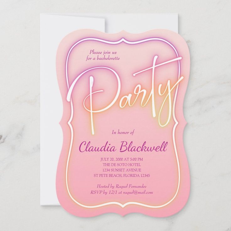 a pink and gold party card with the word party on it's front side