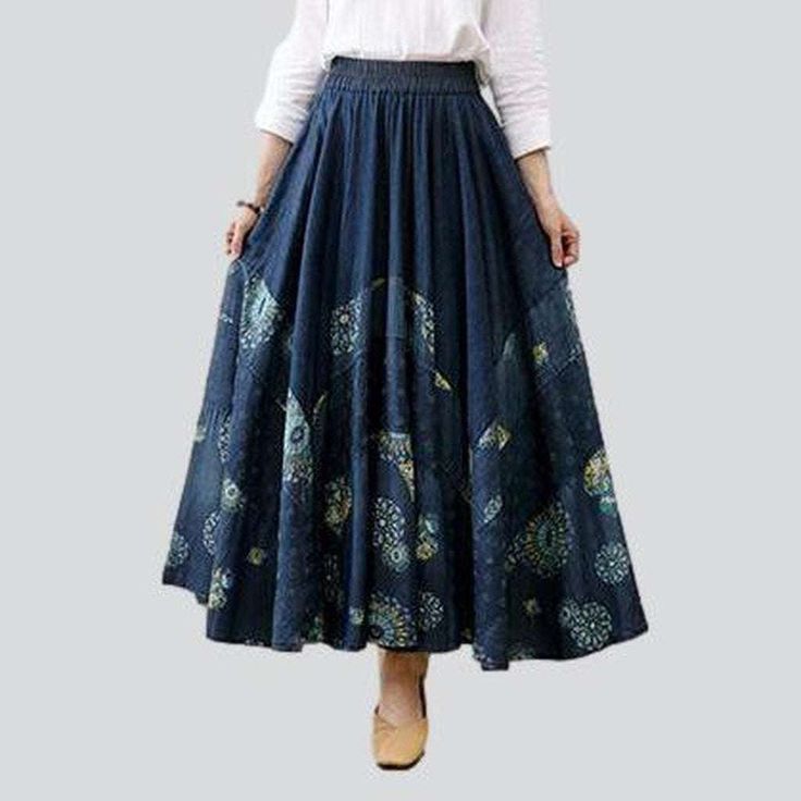 Introducing our Flare Embroidered Long Denim Skirt from the 2023 Autumn Collection ââ‚?the ultimate street trend statement! Stand Out In StyleThis extraordinary piece combines fashion and function. flawlessly blending street-trend with modern sophistication. From the high-waisted shape to the rubber closure. this skirt is the epitome of contemporary chic. Embrace your bold side with the unique flare style. and make a statement with the intricate embroidery.Distinctive Features: Street Style: Exu Summer Non-stretch Dark Wash Skirt, Denim Blue Midi Skirt For Summer, Summer Denim Blue Midi Skirt, Long Cotton Denim Skirt For Summer, Non-stretch Dark Wash Skirt For Fall, Denim Blue Long Skirt For Summer, Bohemian Wide Leg Denim Skirt For Spring, Long Denim Blue Skirt For Summer, Long Blue Denim Skirt For Fall