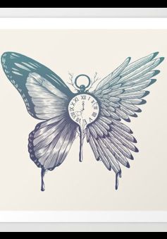 a drawing of a butterfly with wings on it's back and a clock in the middle