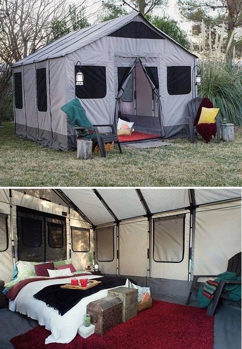 two pictures side by side one has a tent and the other has a bed in it