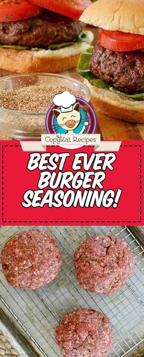 burgers with the words best ever burger seasoning on them and an image of hamburger patties