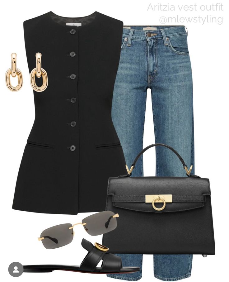 Work Outfit Black, Back To School Tags, Demure Outfit, Black Work Outfit, Parisa Wang, Waistcoat Top, Black Top Summer, Waistcoat Outfit, Vest Bag