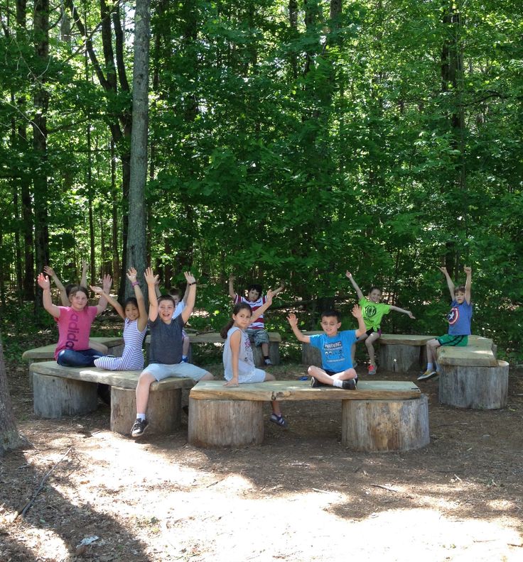 children sitting on benches in the woods with their hands up and arms raised above them