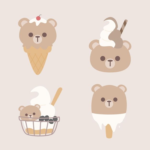 four bears with ice cream on their heads and one bear eating an ice cream cone