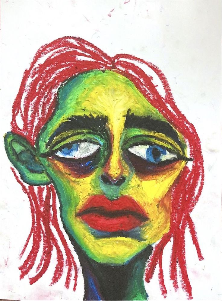 a drawing of a woman with red hair and green eyes