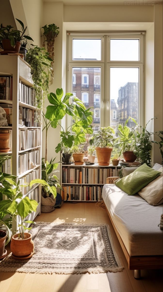 a living room filled with lots of plants and bookshelves next to a window