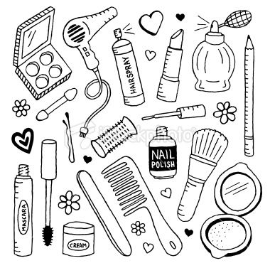 hand drawn cosmetics and hair care items arranged in a circle on a white background illustration