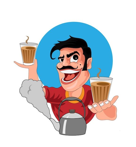 a cartoon man holding two cups of coffee