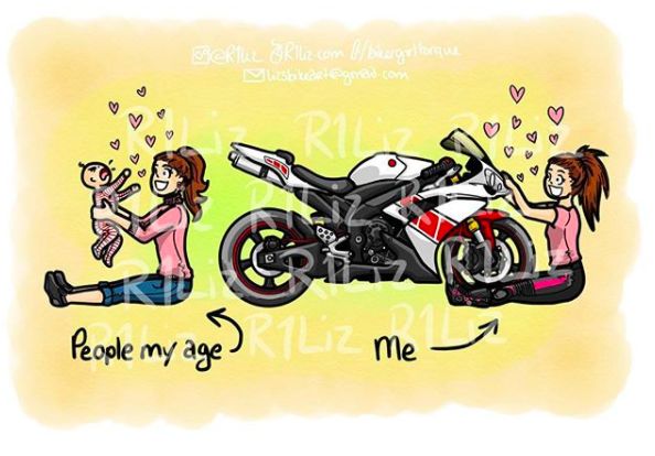 a drawing of two women standing next to a motorcycle with the caption people my age me