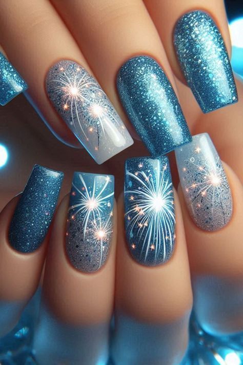 Sky Blue Nails Design Art Ideas, Holiday Nail Art Designs, Happy New Year Nails Designs, Sistaco Nails, Fireworks Nails, Firework Nail Art, Jelly Stickers, Cosmic Nails, Nail Polish Art Designs