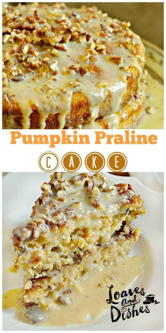 pumpkin pralie cake with white frosting and pecans on top