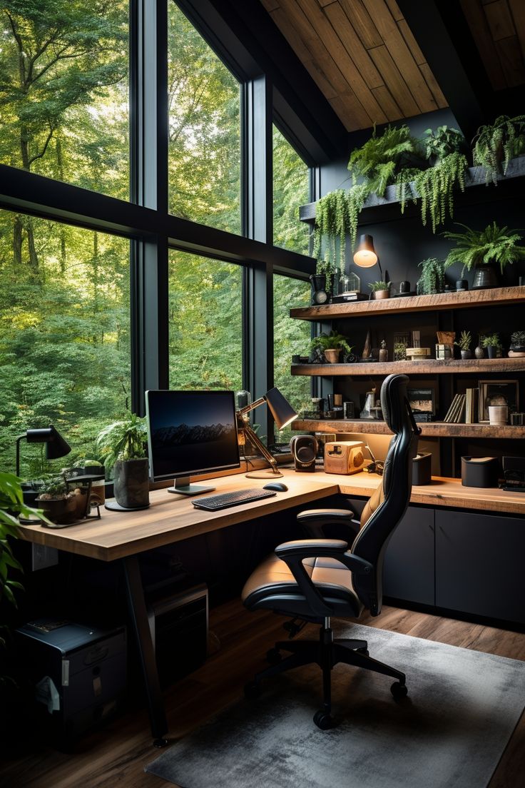 a home office with large windows and lots of greenery on the shelves, along with a computer desk