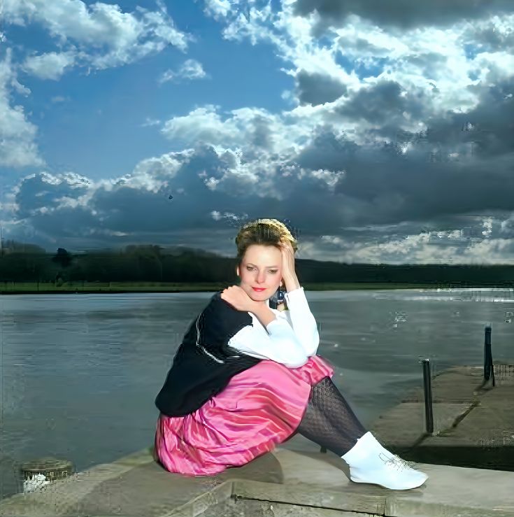 a woman sitting on the edge of a pier next to a body of water with clouds in the background